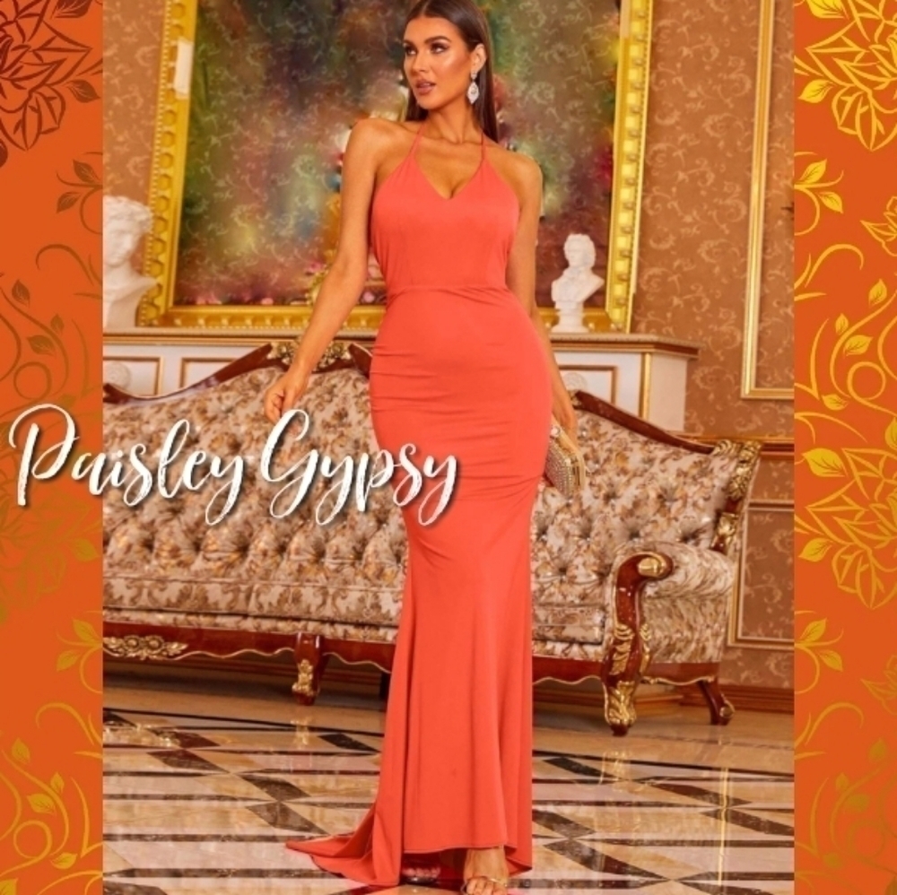 Stunning Double Deep V Fit and Flare Halter Evening Gown in Deep Coral O… - Picture 5 of 9